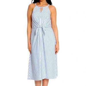 London Times Striped Halter Midi Dress Blue White Tie Front 8 NWOT